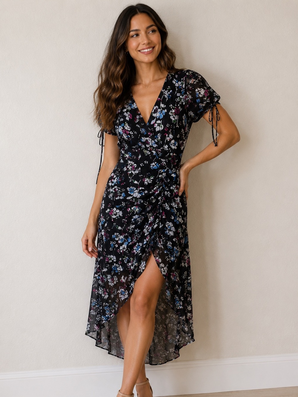 PARKER Women’s Floral Lizzy Ruched Short Sleeve High Low Midi Dress Size 6